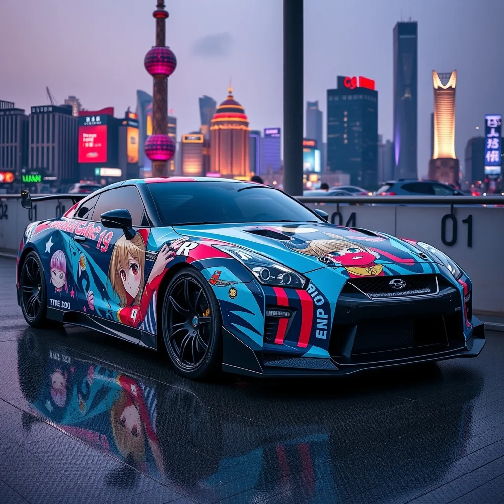 Wrap this illustration onto a sports car as a decorated itasha and photograph it at a famous landmark.