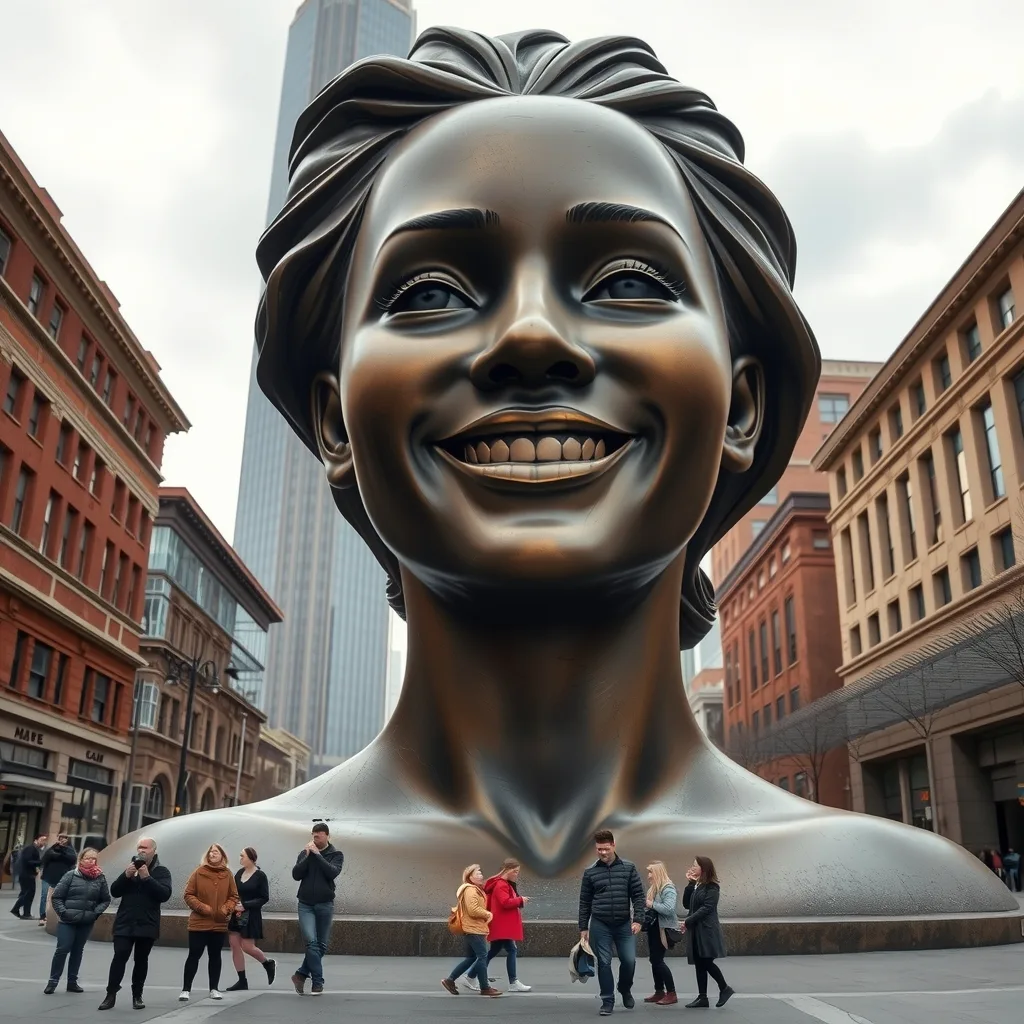 Place a giant statue of this person in a city plaza with people looking up at it.