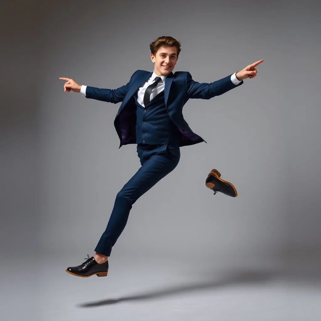 Use the pose from image 2 for the person in image 1, shot in a professional studio.