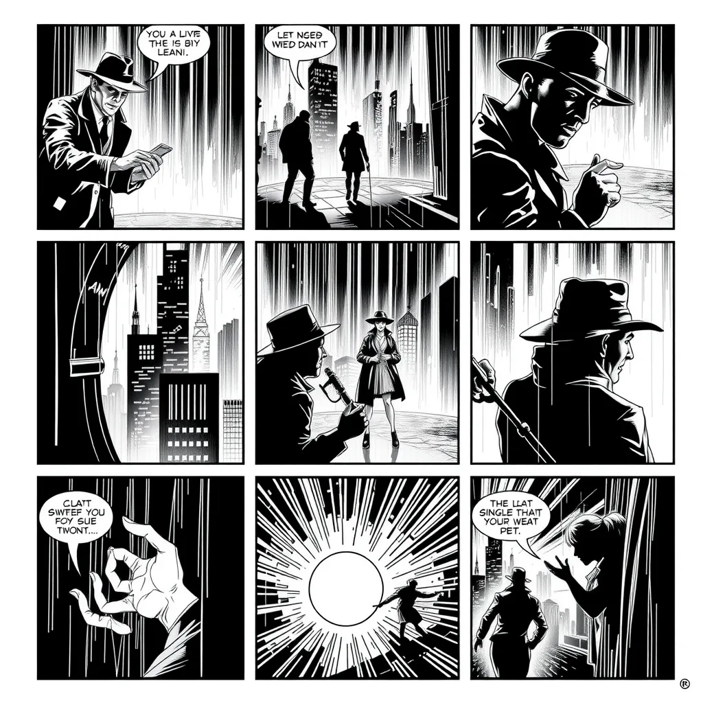 Using these two characters, create a 12-panel film noir story about a missing pearl.