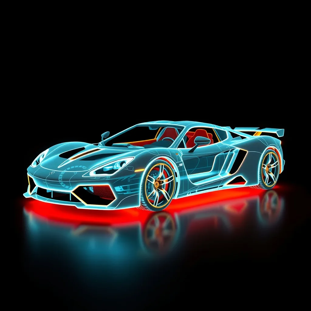Recreate this image as a holographic version using only glowing wireframe lines.