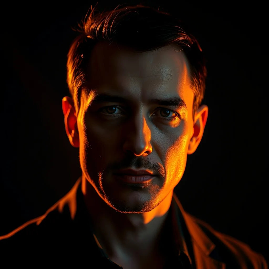 Match the lighting on the person in image 1 to the dramatic light in image 2, keeping deep shadows.