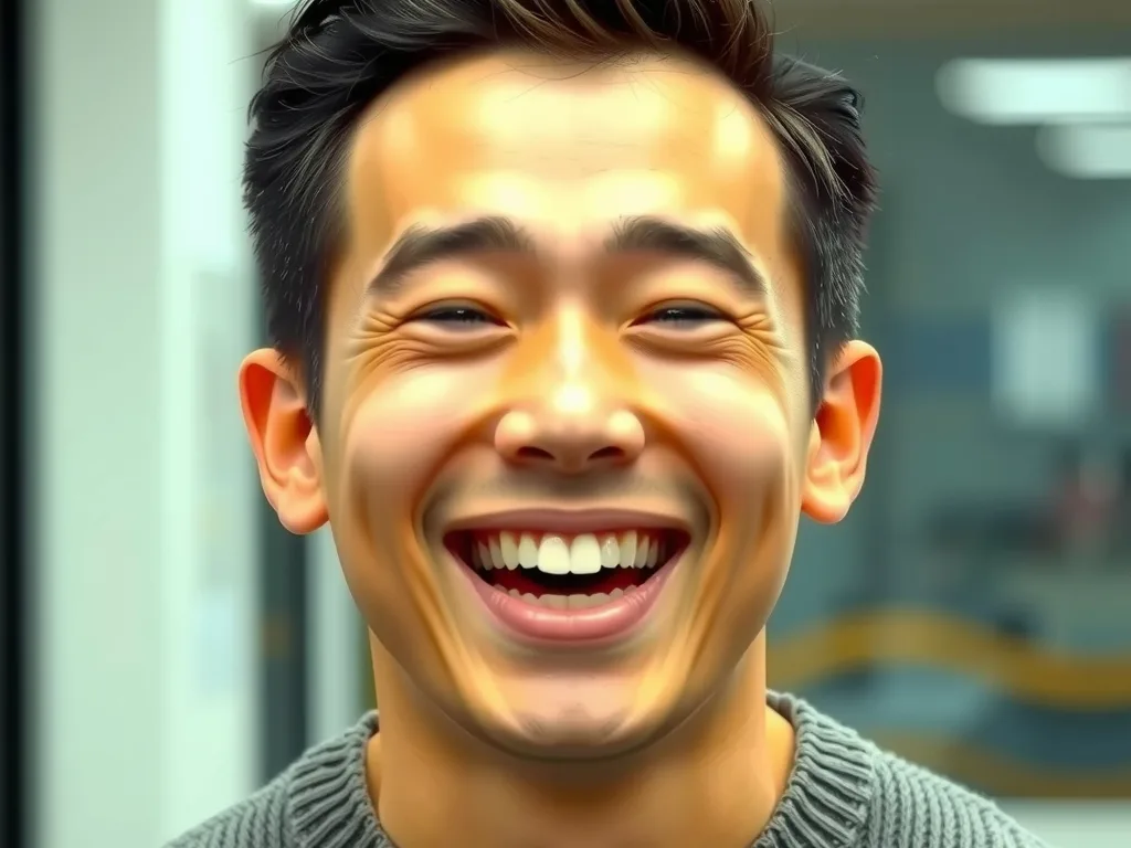 Change the facial expression in image 1 to match the joyful laugh in image 2.