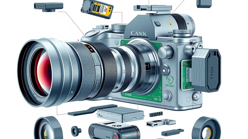 Create an exploded diagram of this mirrorless camera with all internal components.