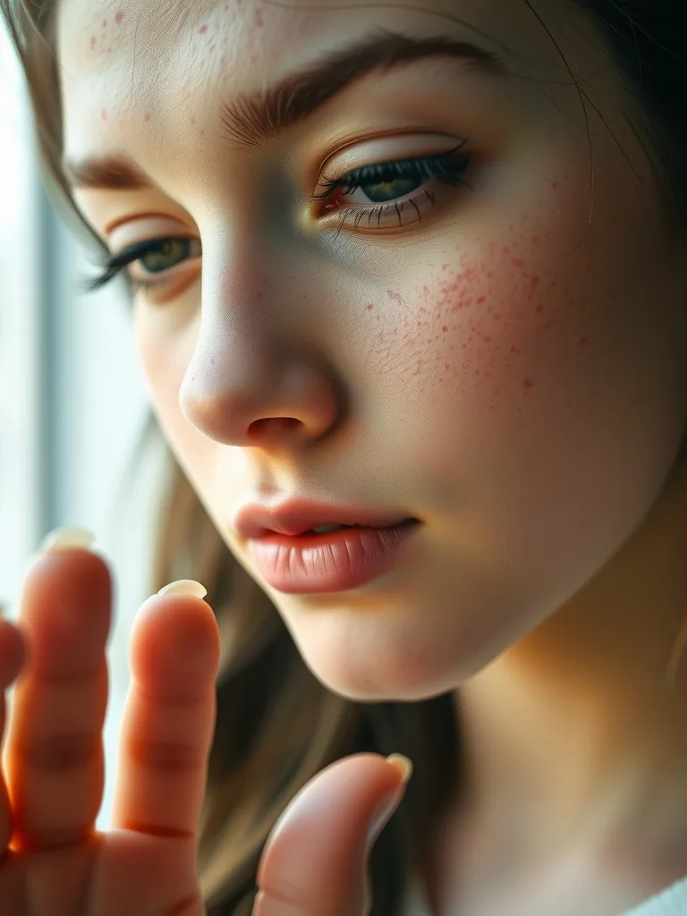 Extreme macro photo of a young woman's face, freckles and soft peach blush, fine baby hairs catching the window light, one hand blurred in the foreground, dreamy shallow depth of field.