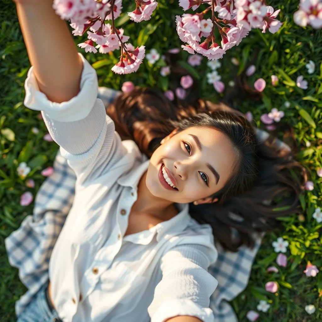 Overhead photo of a young woman lying on a picnic blanket in spring grass, taking a selfie with her arm raised, scattered cherry blossom petals, warm afternoon sun, candid relaxed smile.