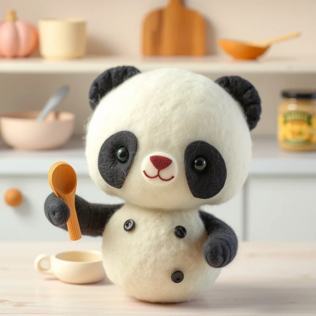 Handmade felt toy of a round panda chef holding a tiny wooden spoon, soft wool texture, visible stitching, pastel kitchen backdrop, cute and cozy product photo.