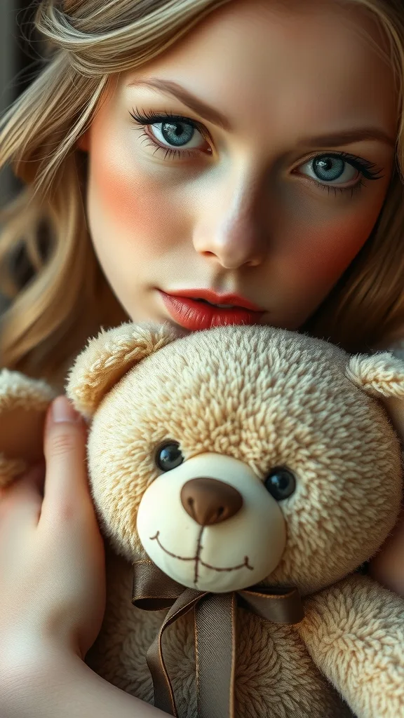 Portrait of a woman with porcelain skin and rosy cheeks hugging a vintage teddy bear, peach and cream palette, soft window light, gentle melancholic expression, fine art photography.