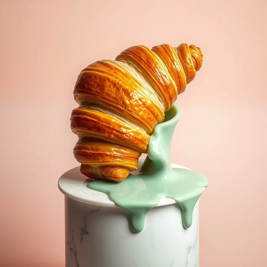 Surreal studio photograph of a croissant transforming into flowing liquid glaze ceramic, glossy celadon drips pooling on a marble plinth, minimal pastel background, sharp product lighting.