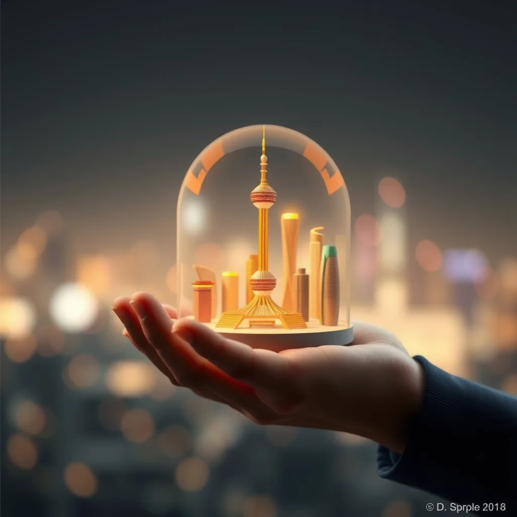 Hyperrealistic render of a hand holding a tiny circular display stand with a miniature 3D diorama of the Shanghai skyline, the Oriental Pearl Tower glowing, tilt-shift soft background.