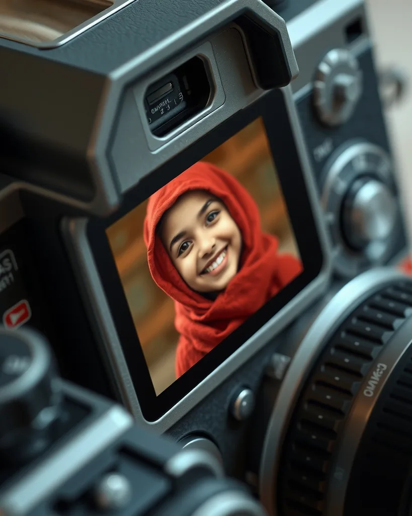 Close-up of a compact retro digital camera whose screen shows a portrait of a smiling girl in a red scarf, textured camera body with dials and buttons, shallow depth of field, nostalgic mood.