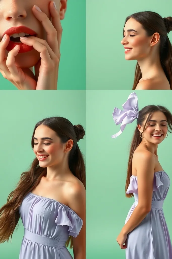 Editorial 3x3 portrait grid in a mint green studio, model in a lavender sleeveless dress: lip macro, hand on cheek, profile, over-shoulder glance, laughter, eyes closed, hair motion, full body, back view.