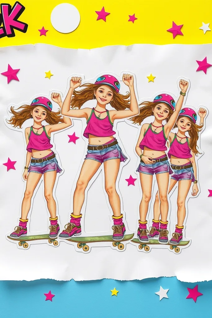 Colorful Y2K scrapbook collage poster with stickers, stars, torn paper and multiple cutouts of the same skater girl in different poses, bright pink and lime palette, playful energy.