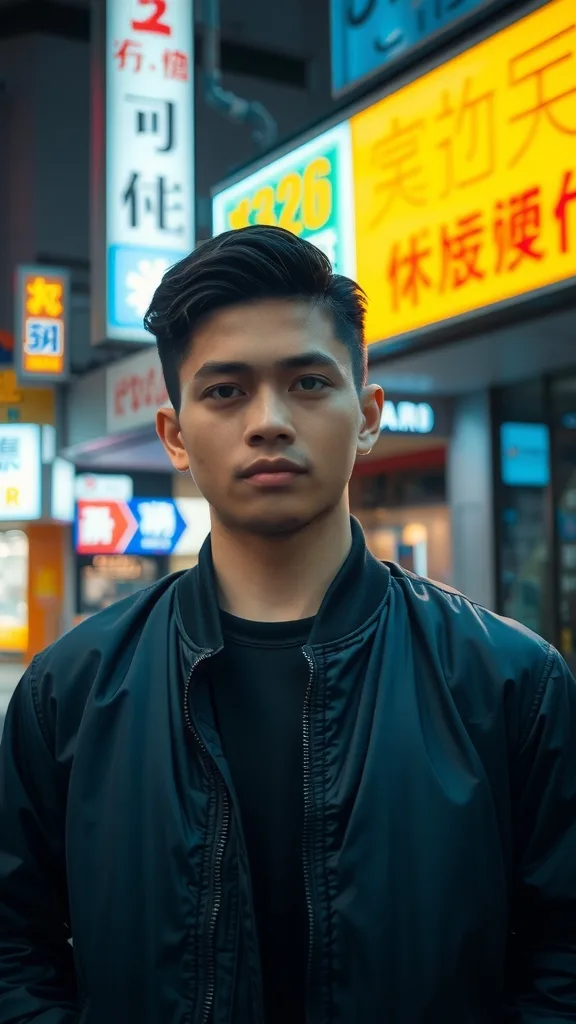 Night street portrait shot on a smartphone, young man in a black bomber jacket under a glowing convenience store sign in Taipei, crisp computational photography, vivid neon reflections on wet pavement.