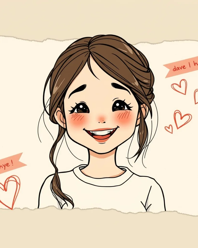 Semi-realistic illustration of a smiling girl with soft cartoon outlines over a scrapbook background of torn paper, washi tape strips and doodled hearts, warm pastel colors.