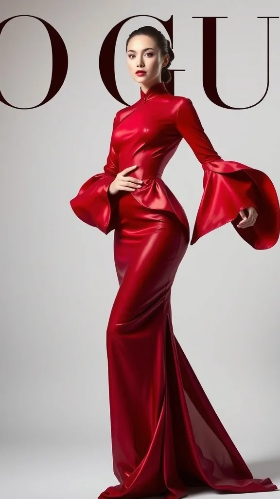 Luxury fashion magazine cover style photo, model in a sculptural red qipao-inspired gown, dramatic studio light, glossy editorial look, bold minimalist composition.