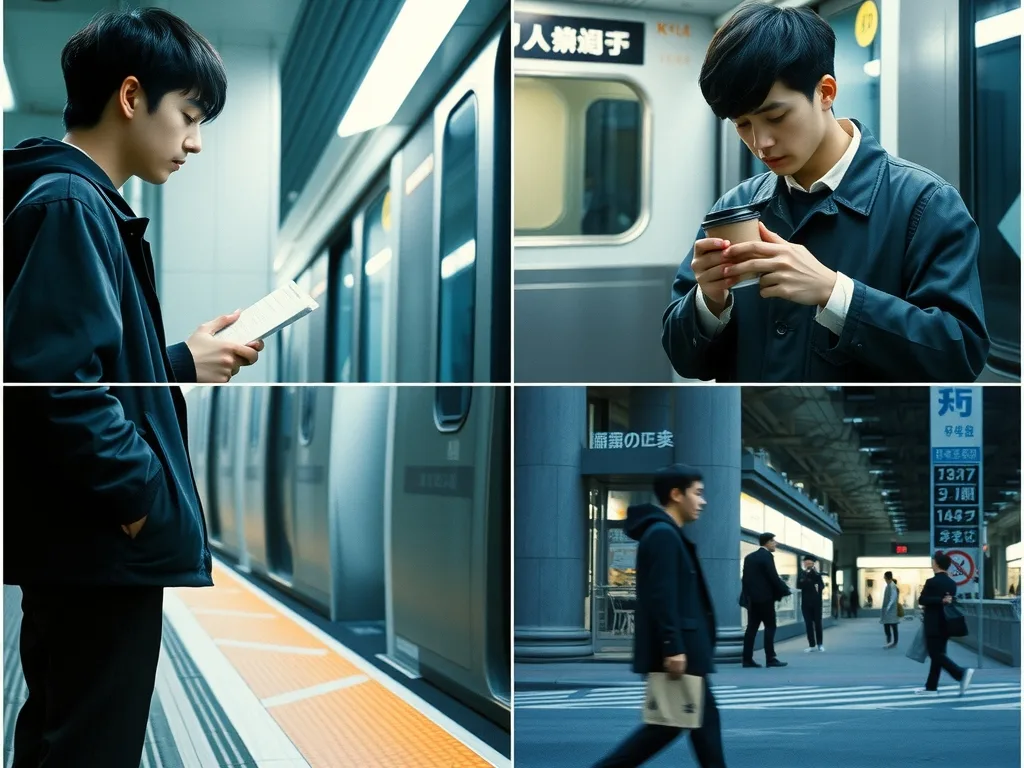 Four-panel 2x2 cinematic stills of the same young man on a morning commute in Tokyo: train platform, reading on the subway, buying coffee, crossing the street. Soft light, film grain.