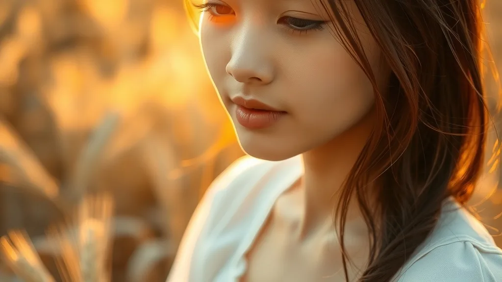 Cinematic close-up of a young East Asian woman at golden hour in a wheat field, white linen dress, sun flare through her hair, warm dreamy tones, 85mm portrait.