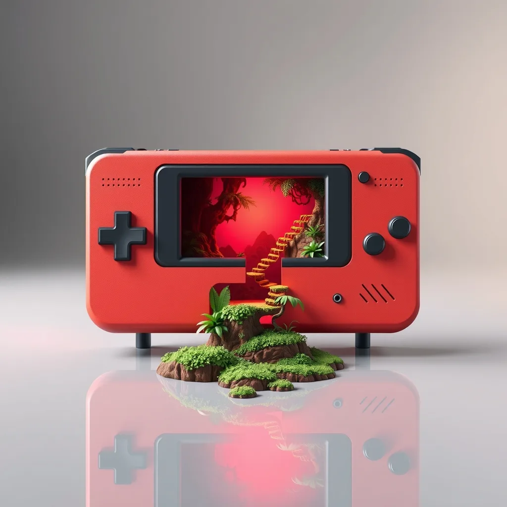 Polished 3D render of a retro handheld game console split into two halves standing on a glossy surface, a tiny pixel-art jungle level spilling out between them, soft studio light.