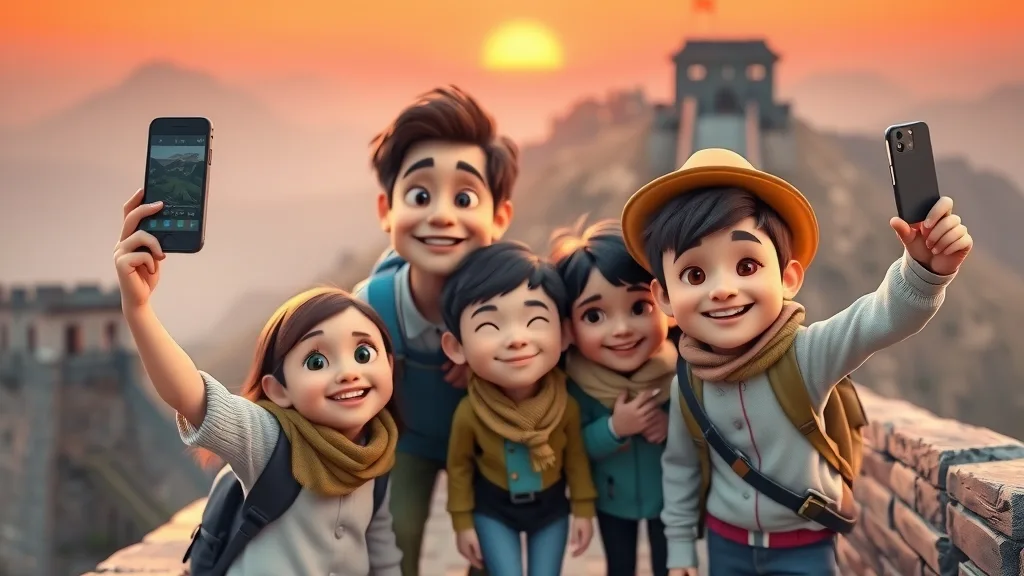 Pixar-style 3D animated scene of a family of explorers taking a group selfie at the Great Wall at sunrise, expressive cartoon faces, warm cinematic lighting.