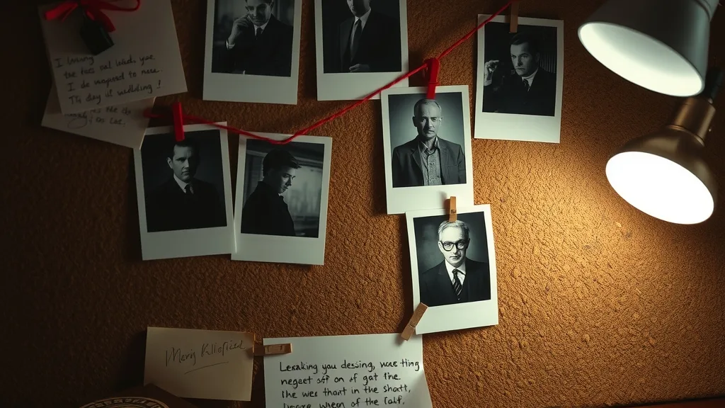 A detective story told through Polaroid photos pinned to a cork board connected with red string, handwritten notes, a desk lamp glow, moody cinematic tabletop shot.