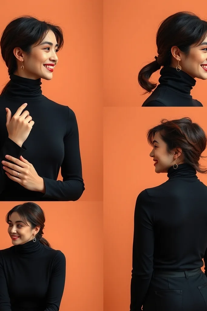 Editorial 3x3 portrait grid on a warm terracotta seamless backdrop, model in a black turtleneck: profile, hand gesture, laughing, close-up eyes, hair toss, seated, standing, back, detail of earrings.