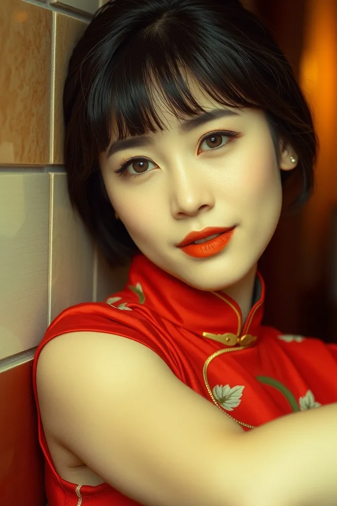 Photorealistic 1990s Hong Kong retro portrait, half-body, woman in a red cheongsam leaning on a tiled wall, film grain, warm tungsten light, wistful gaze.