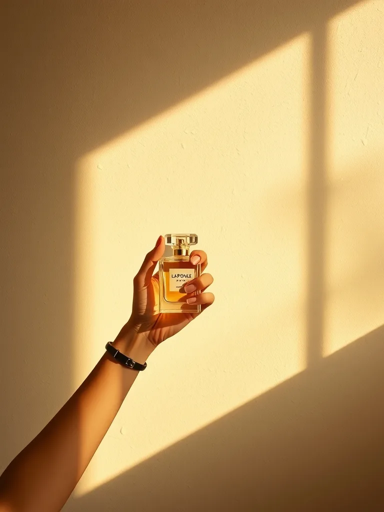 Minimal sunlit plaster wall with the long sharp shadow of a hand holding a perfume bottle, warm afternoon light, elegant negative space, fine art product shot.