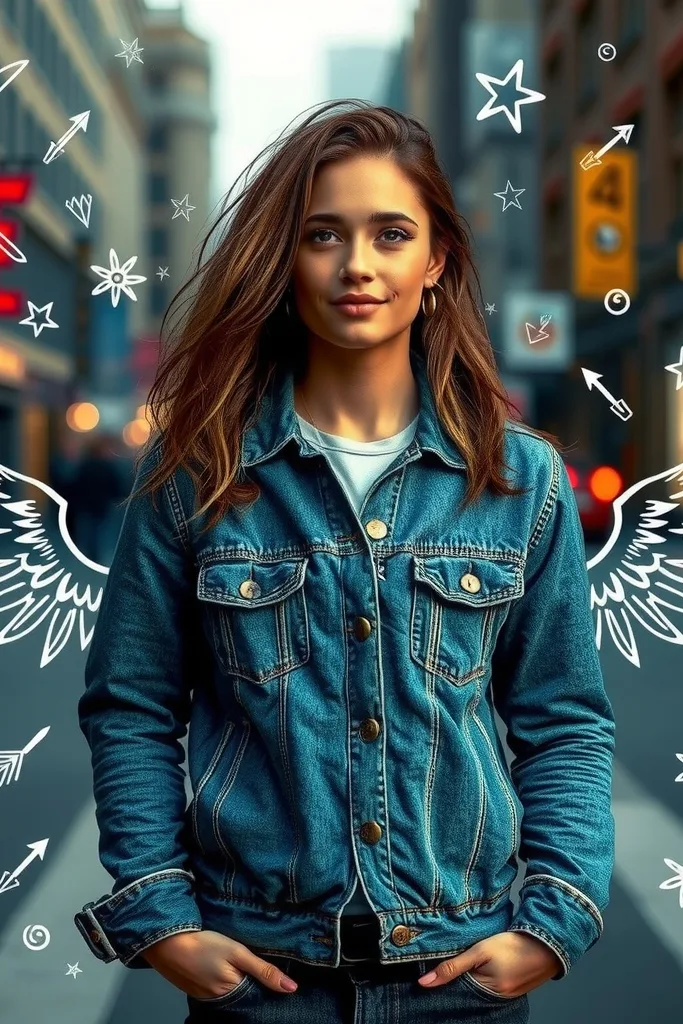 Realistic person in a denim jacket standing in a city street surrounded by playful hand-drawn white doodles of wings, stars and arrows, mixed media photo illustration.
