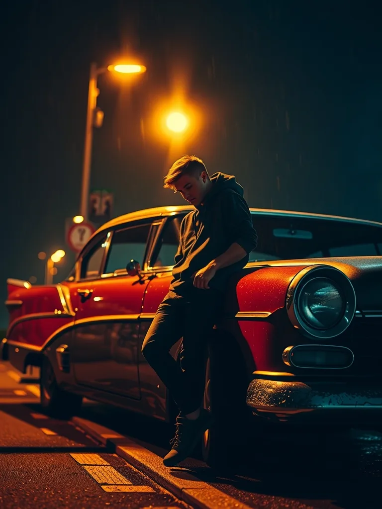 Moody night photo of a young man leaning against a vintage car under a streetlight, light rain, cinematic teal and orange grading, shallow depth of field.