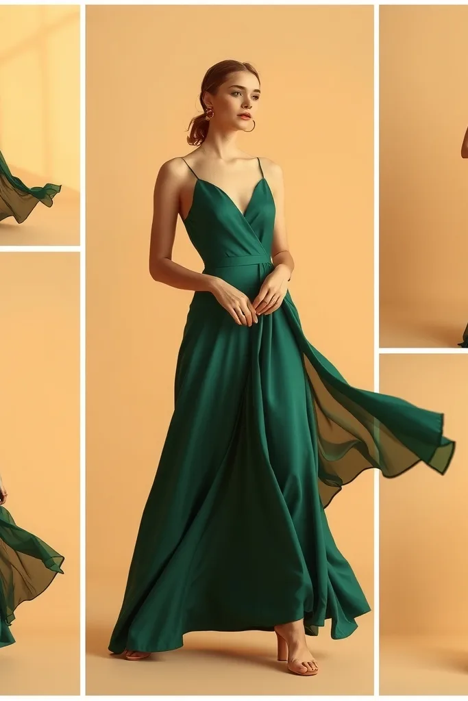 Editorial 3x3 grid in a soft golden-beige studio, model wearing a flowing emerald silk dress with minimal gold jewelry, warm key light from the right, varied elegant poses.