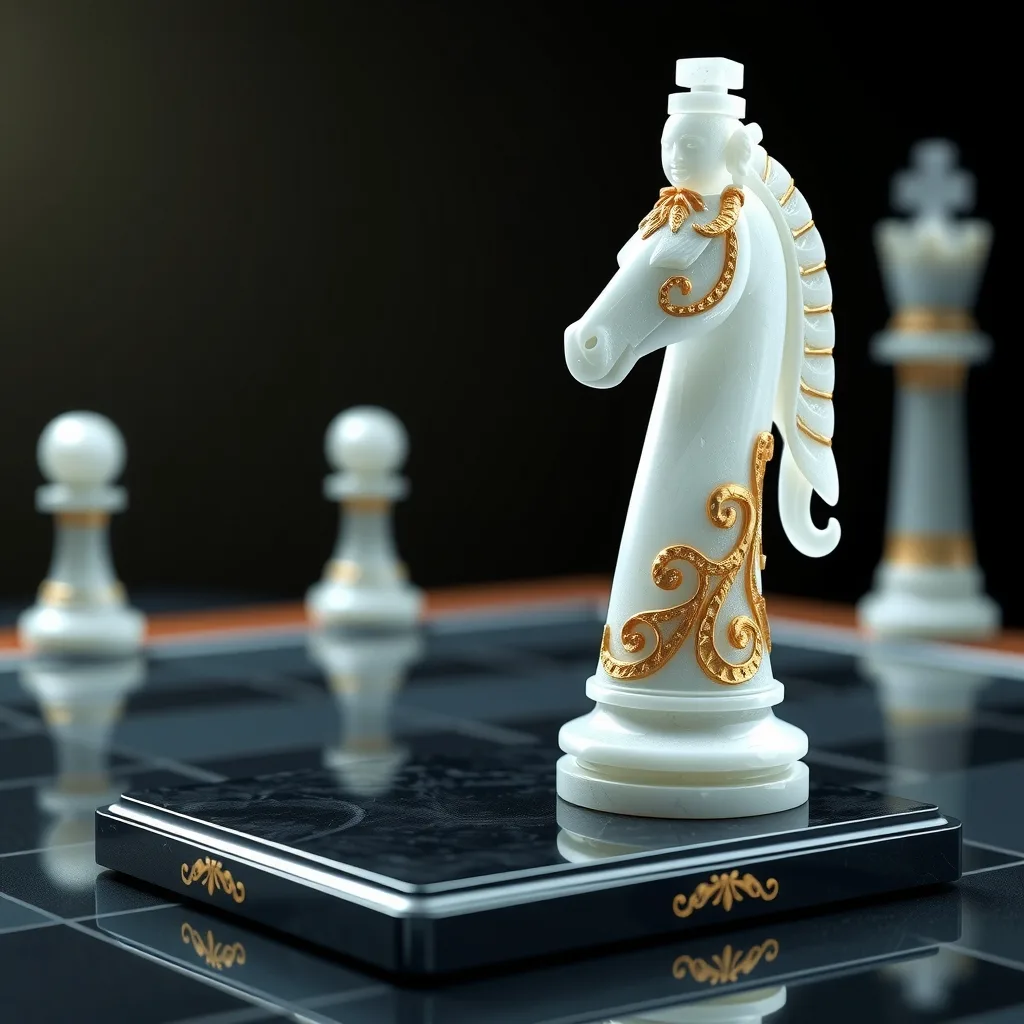 Hyper-detailed 3D render of a collectible chess knight carved from white jade with gold filigree accents, on a dark reflective board, dramatic rim lighting.