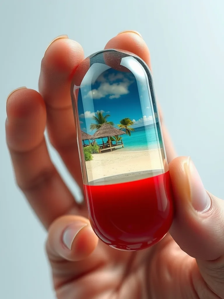 Extreme close-up of a hand holding a giant capsule, the clear top half filled with a tiny tropical beach scene, the bottom half glossy coral red, studio lighting.