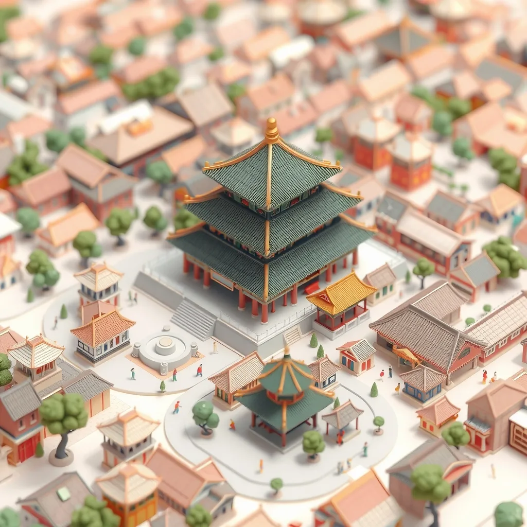 45-degree isometric miniature 3D cartoon city of Beijing with the Forbidden City, Temple of Heaven and hutong alleys, soft pastel colors, tiny trees and people.